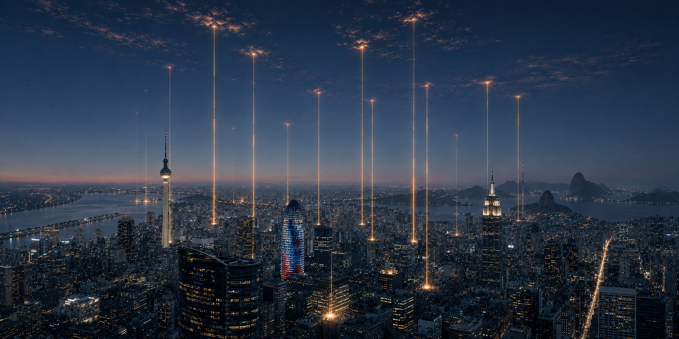 Céu rasgado por uma abertura de luz sobre uma cidade à noite, com fios verticais de luz descendo até os telhados.
